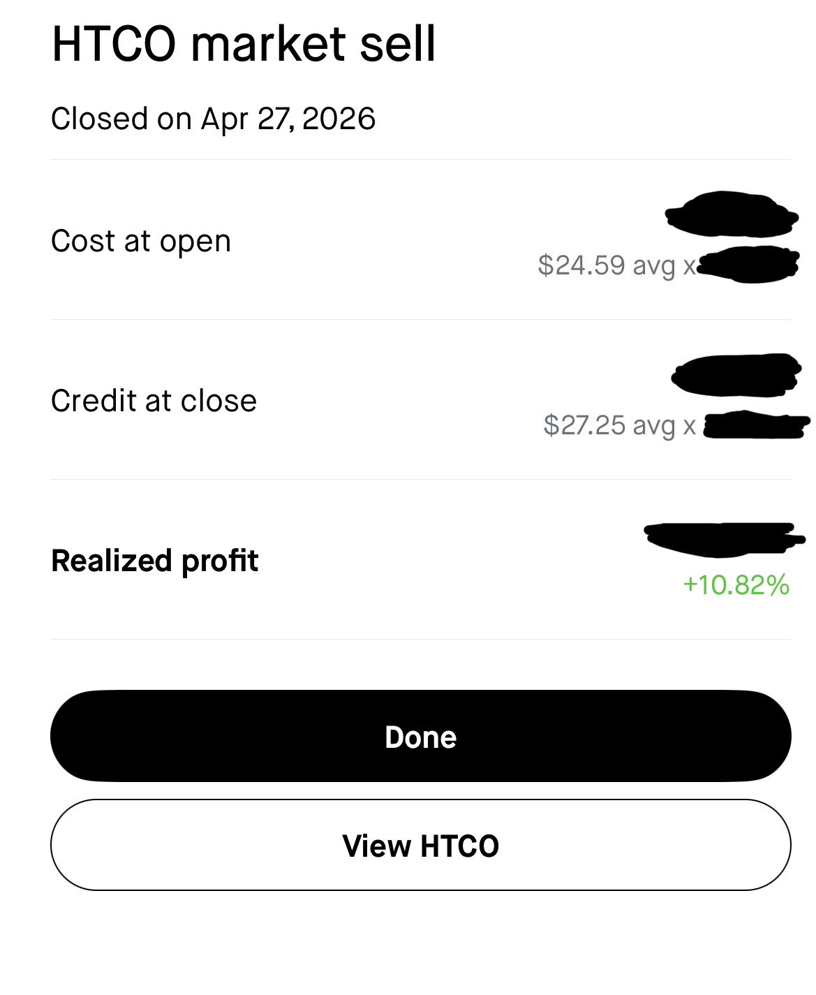 HTCO realized profit screenshot