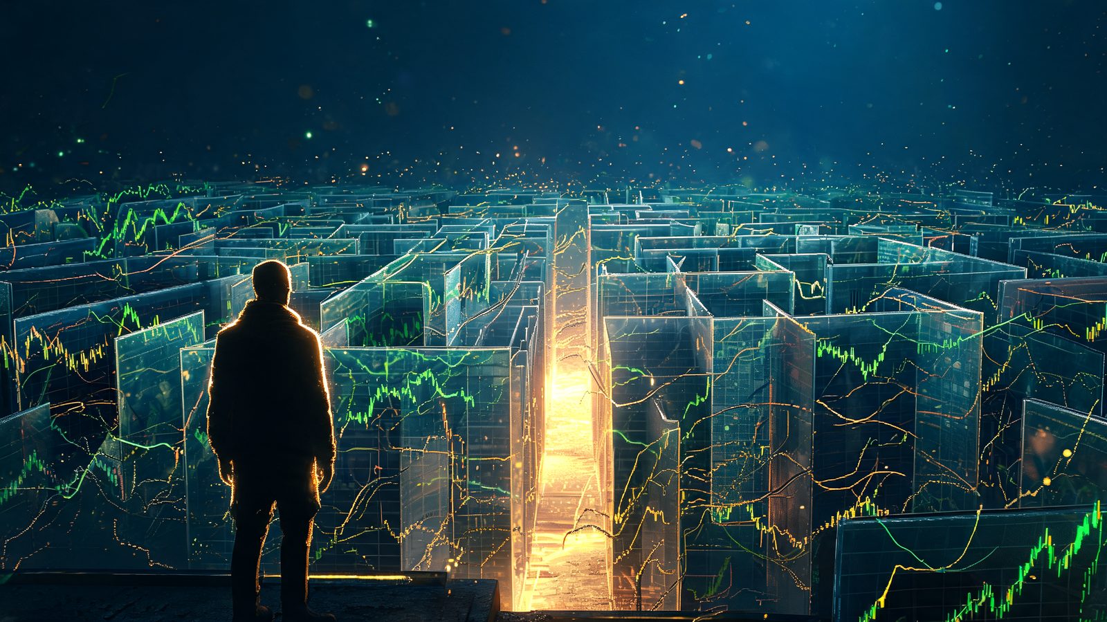 A lone trader silhouette frozen at the entrance of a labyrinth built from overlapping chart panels and tangled indicator lines, with one clear gold path running through it unnoticed
