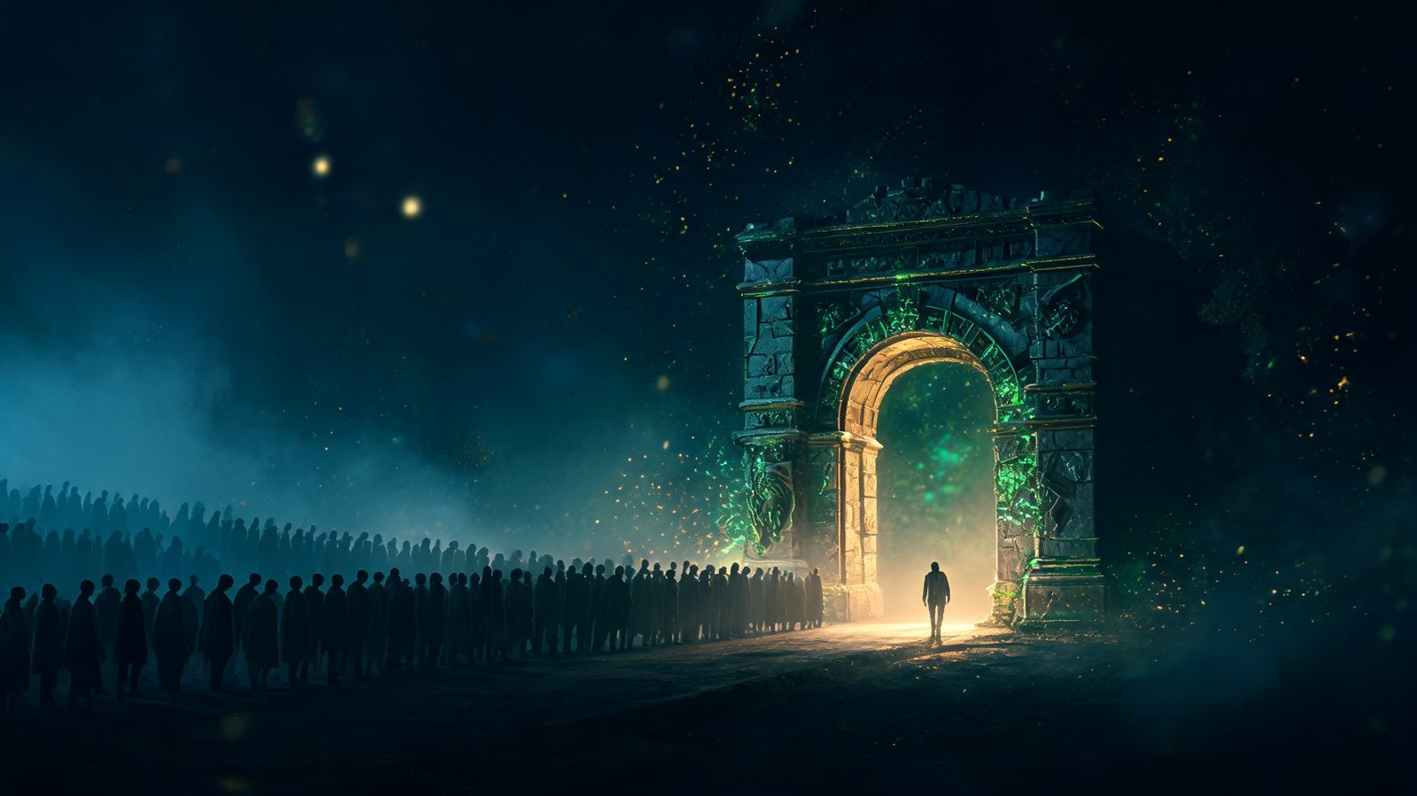 A narrow lit archway with a queue of silhouettes approaching and one figure emerging on the far side