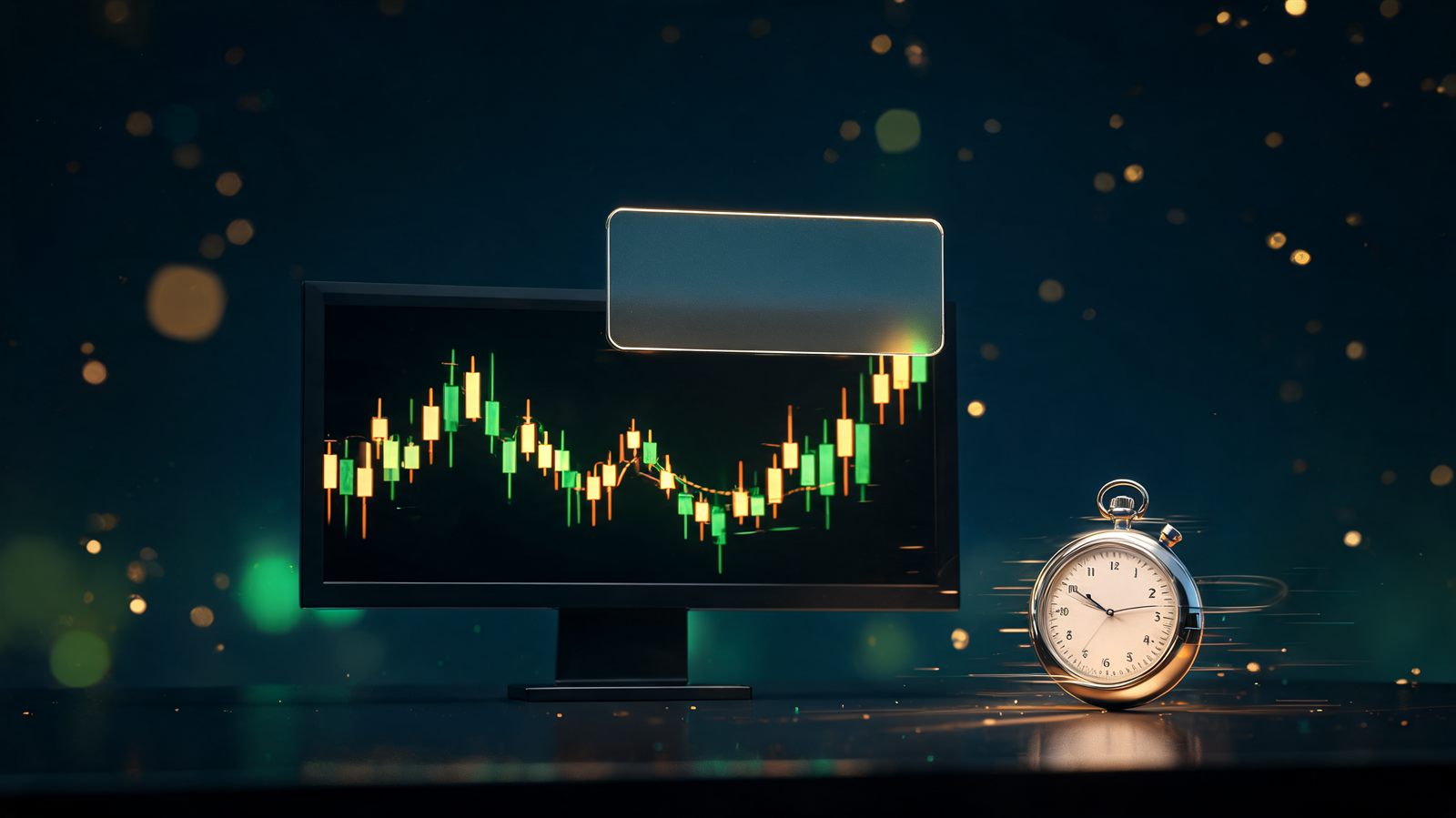 A floating glass notification card above a glowing candlestick chart beside a chrome stopwatch