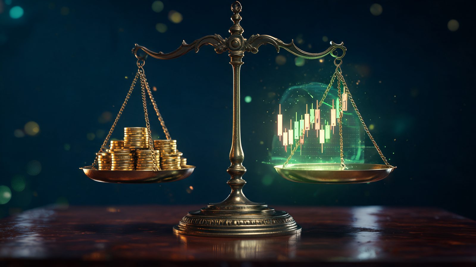 Brass balance scale weighing a stack of coins against a glowing candlestick chart