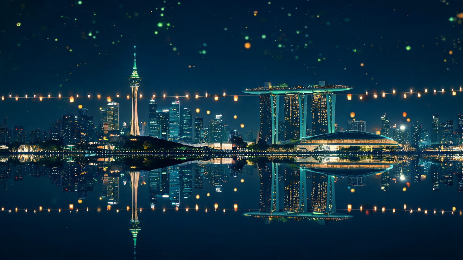 A quiet night skyline reflected in still dark water beneath a narrow horizontal band of compressed candlesticks drifting sideways