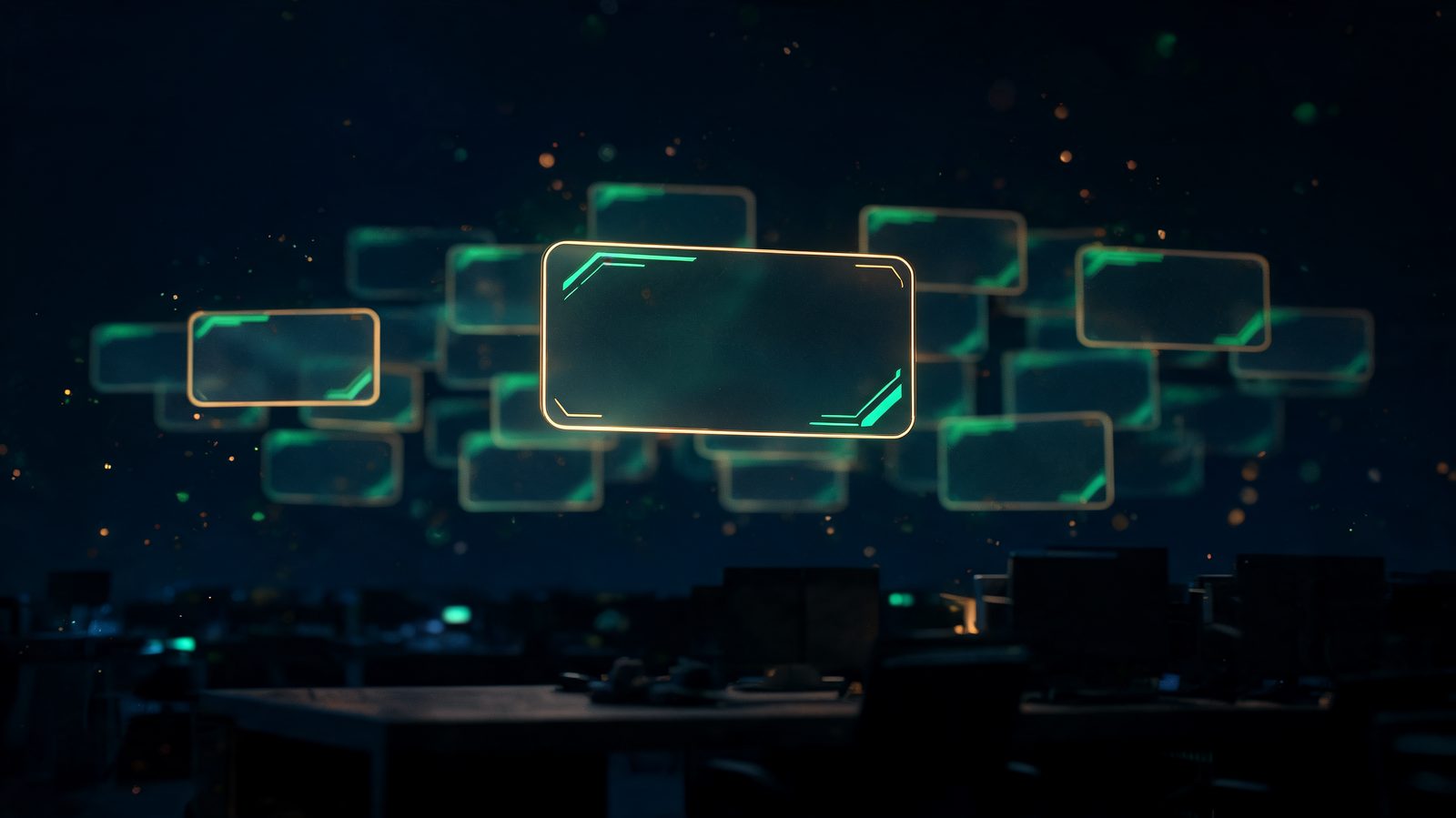 One sharply lit chat panel standing out among dozens of blurred duplicate panels above a dark trading desk