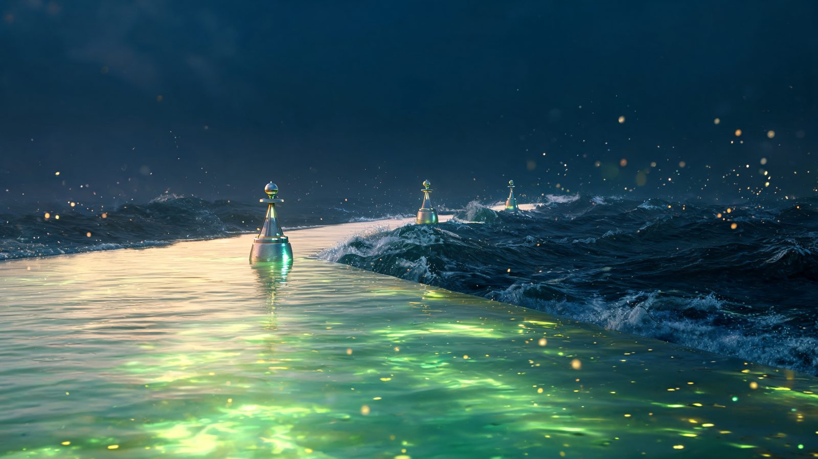 A calm lit harbour channel marked by navigation buoys giving way to dark churning deep water behind it