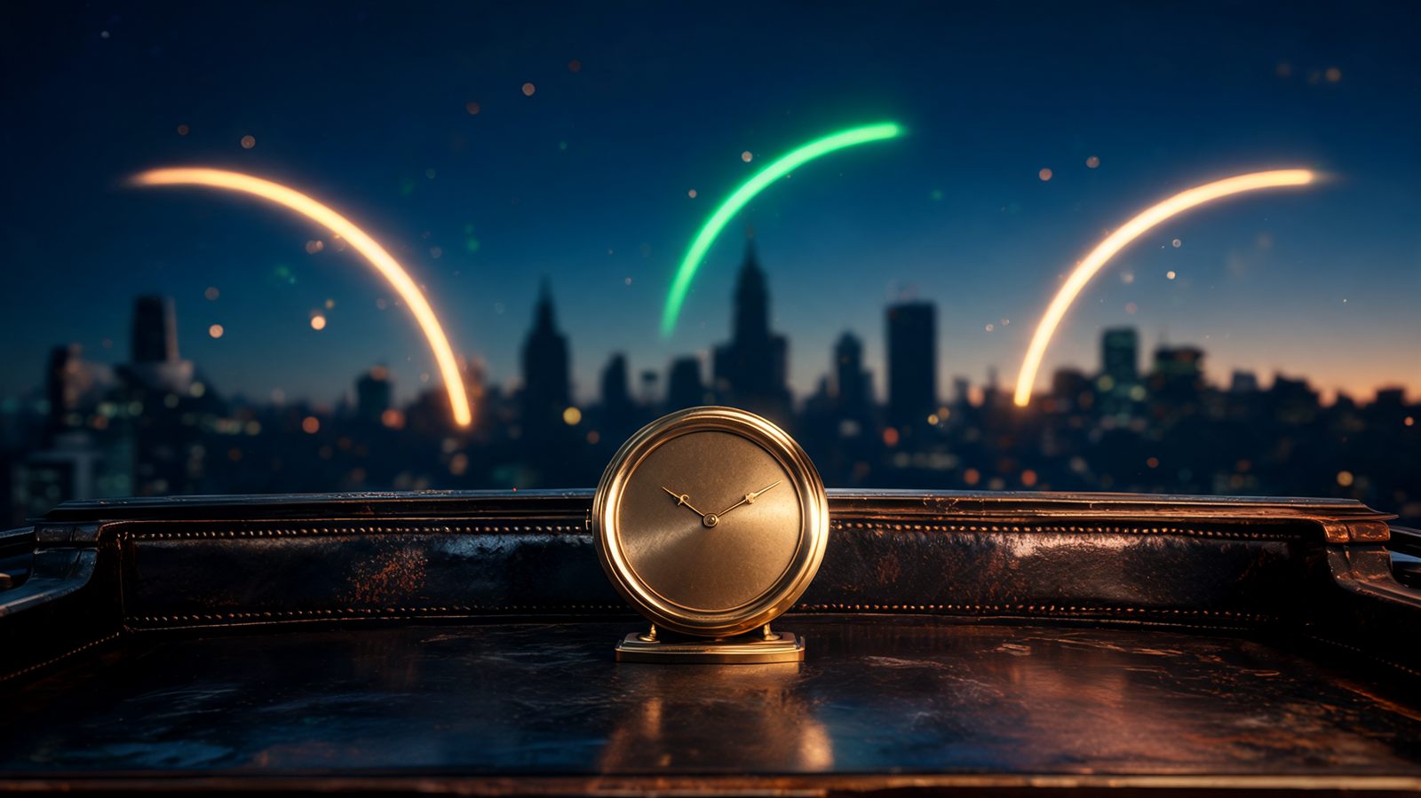 An antique brass clock face on a dark trading desk with three glowing arcs of light sweeping across a distant city skyline at dawn