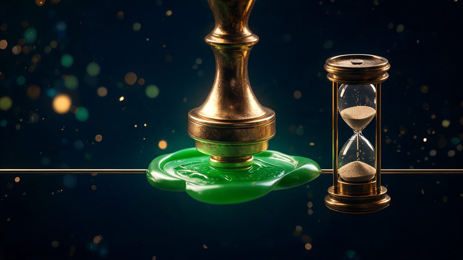 A brass stamp pressing an emerald wax seal onto a gold line beside an hourglass with its last grains falling