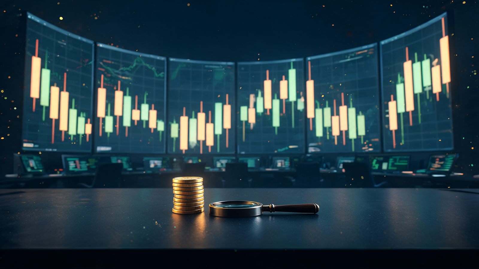 A small stack of gold coins on a dark trading desk dwarfed by towering candlestick charts on curved monitors behind it