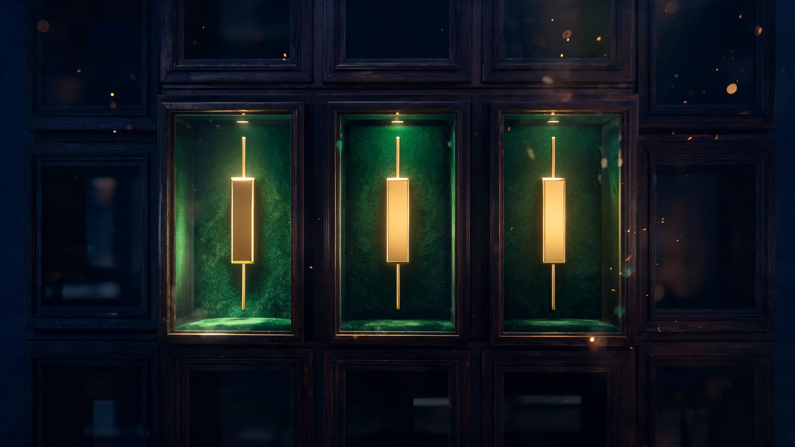 Three gold candlestick shapes lit inside green-velvet display cases in a dark collector's cabinet, the surrounding cases empty and unlit