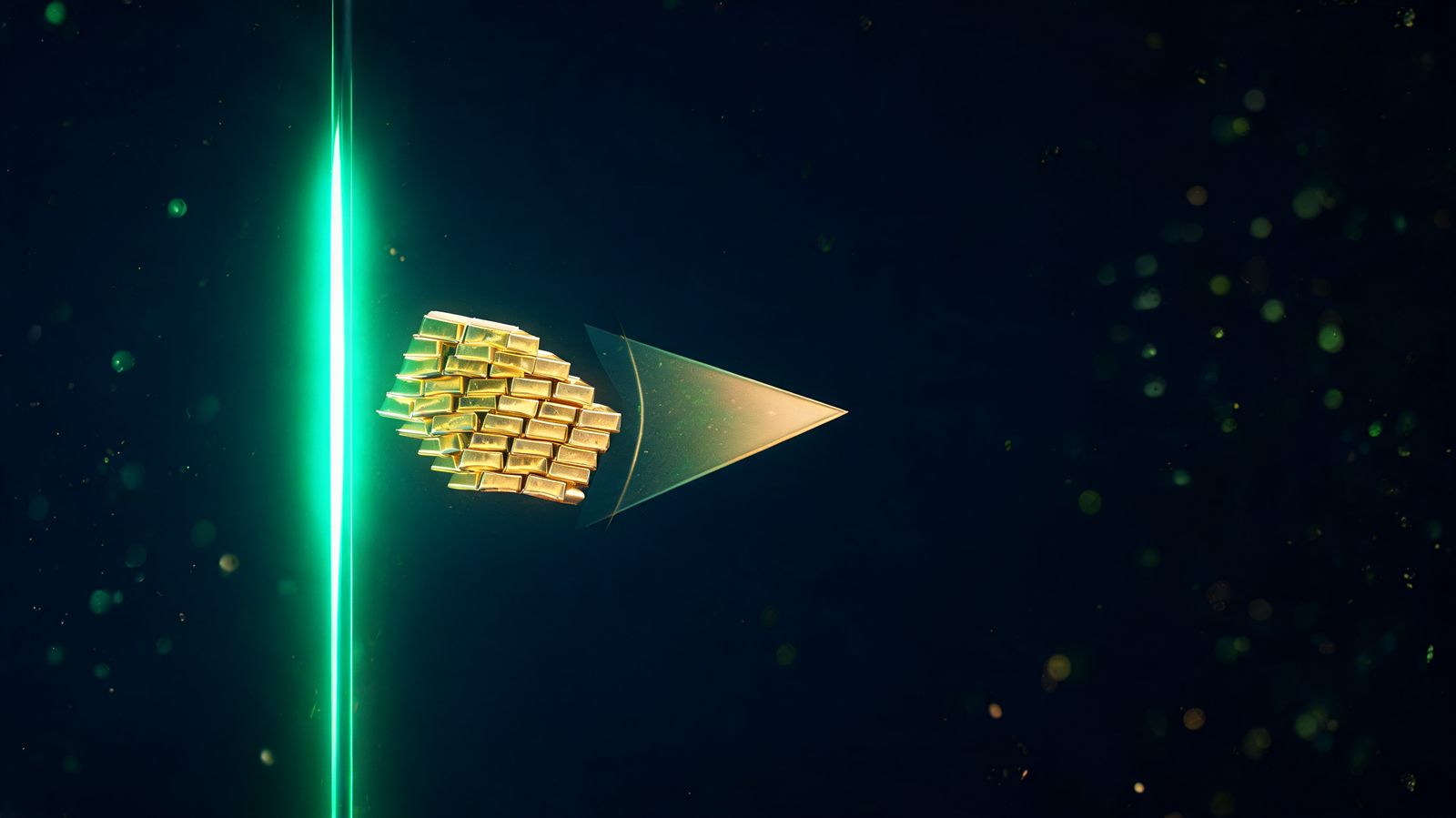 A tall emerald column of light followed by a small tight parallelogram of golden bars drifting sideways, with a narrowing triangle of light converging beside it