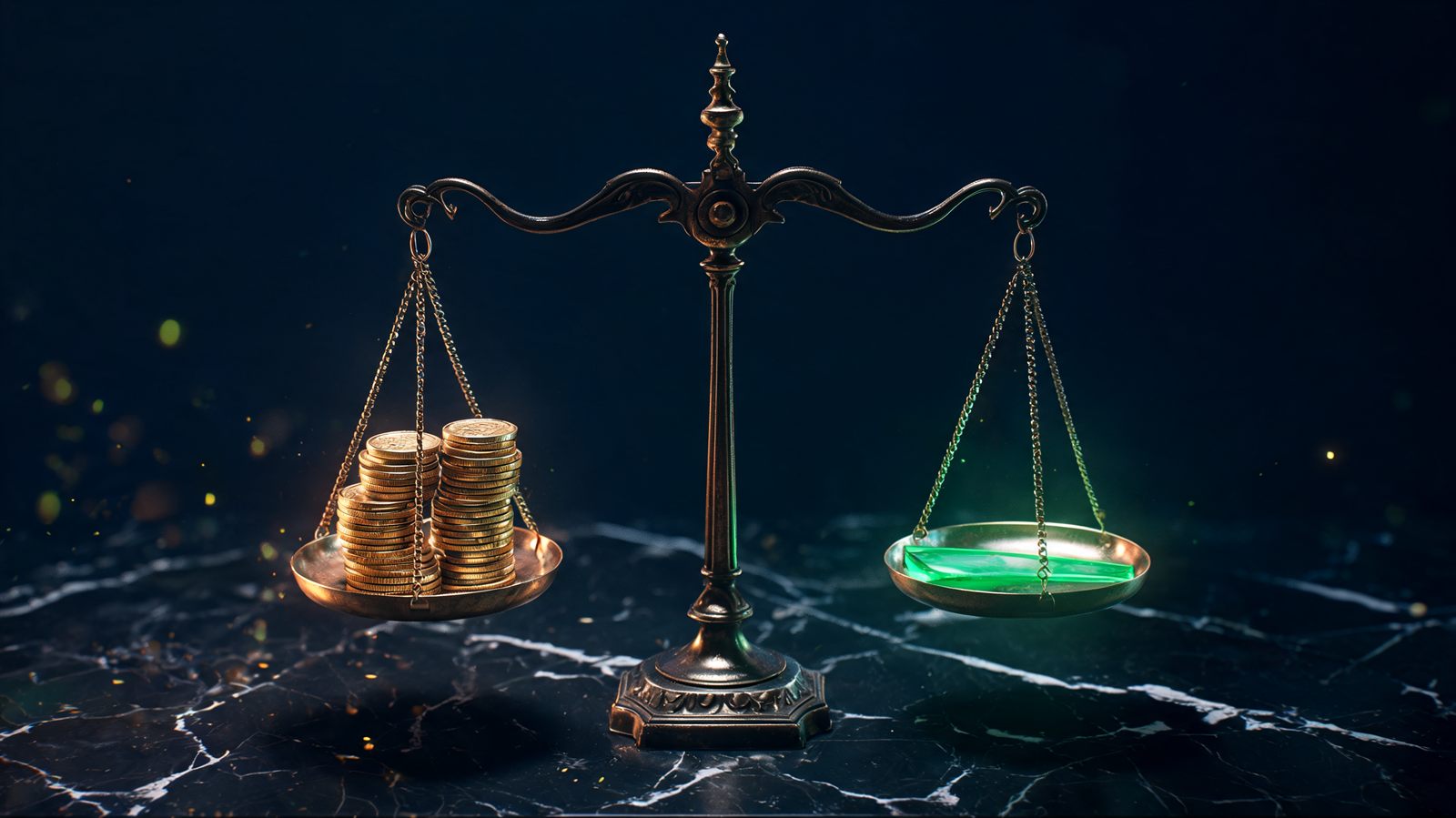 An antique brass balance scale holding a stack of gold coins in one pan and a thin sliver of emerald glass in the other, perfectly level
