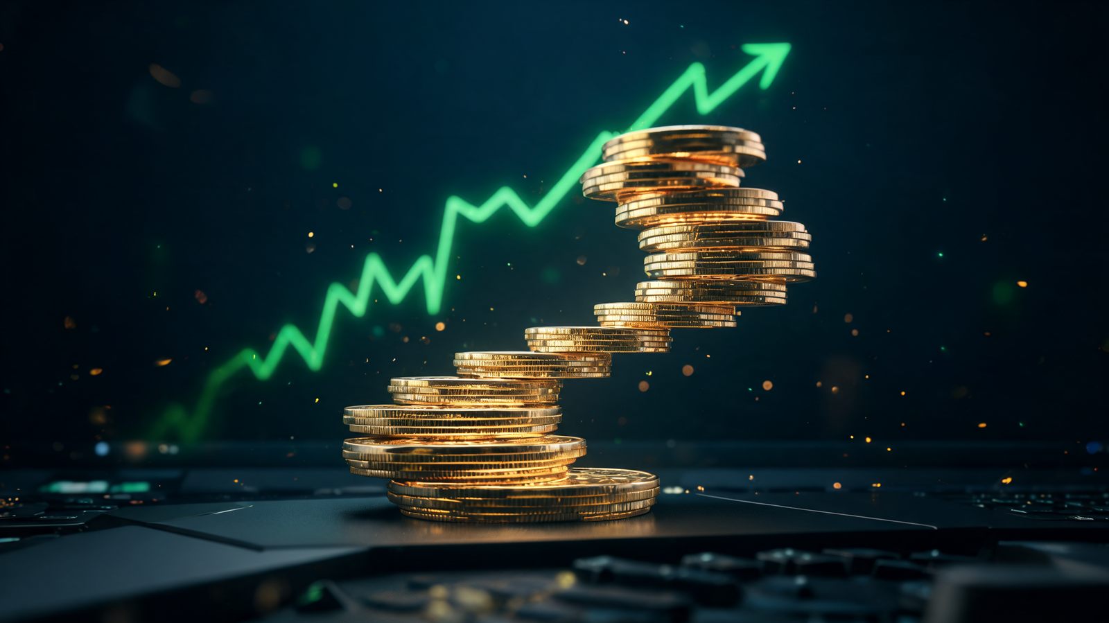 A spiral staircase built from stacked gold coins rising out of darkness with a faint glowing equity curve behind it