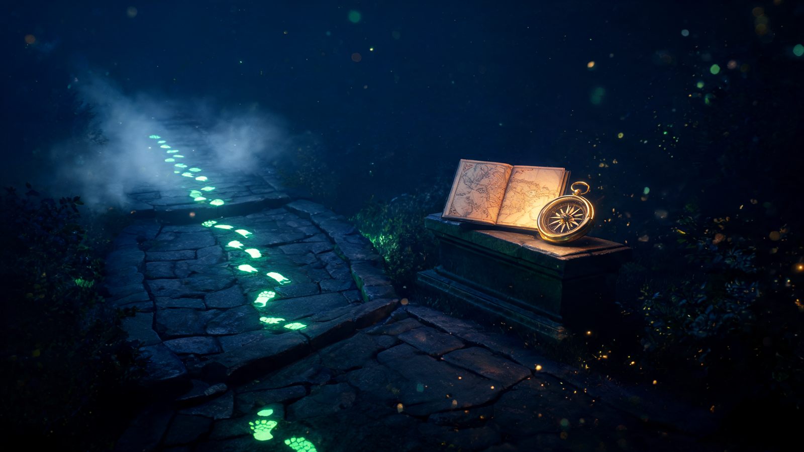 A dark path splitting, one side glowing footprints leading into fog, the other an open map and brass compass