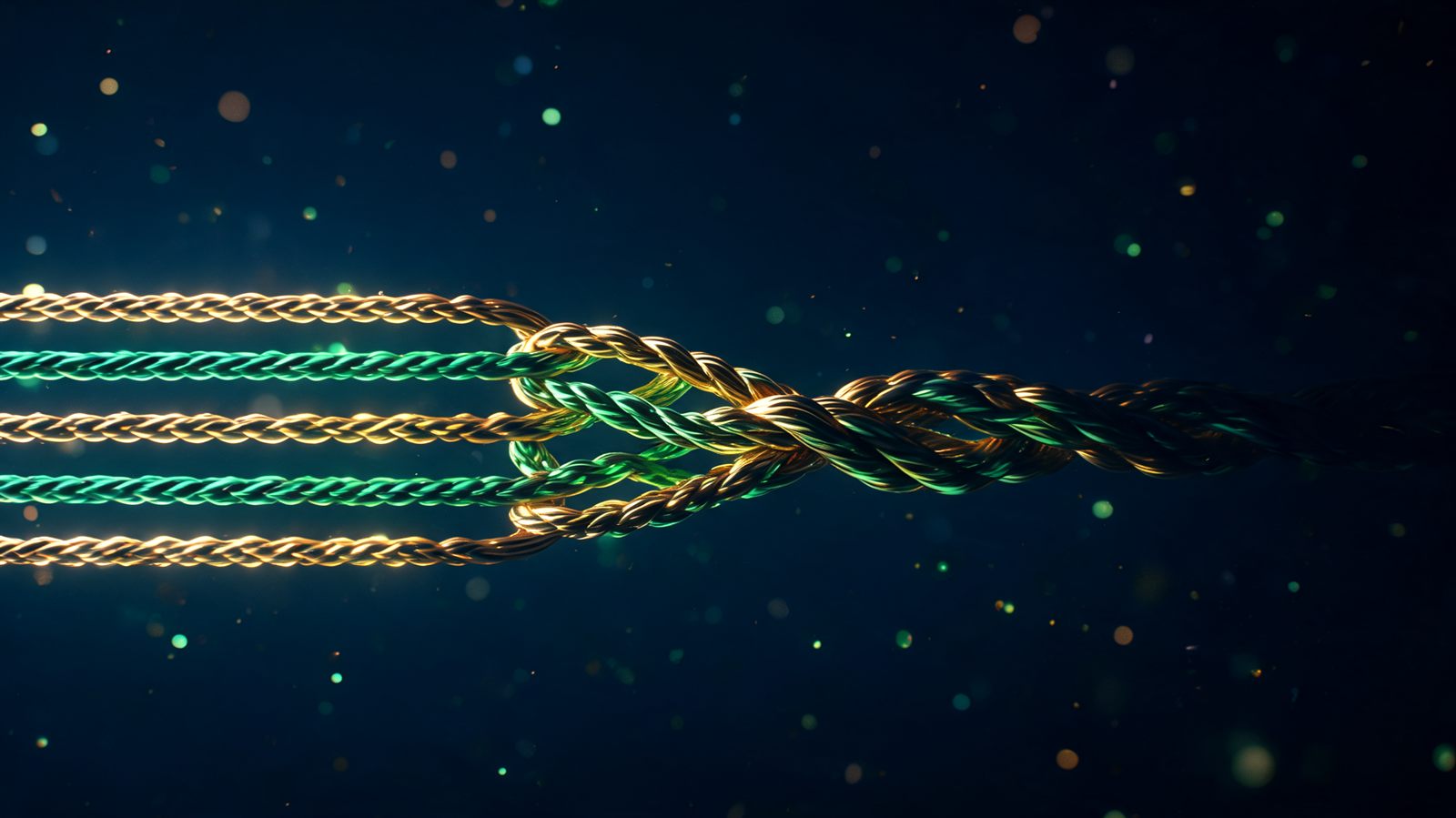 Five glowing parallel cords braiding together into one single thick cable disappearing into shadow