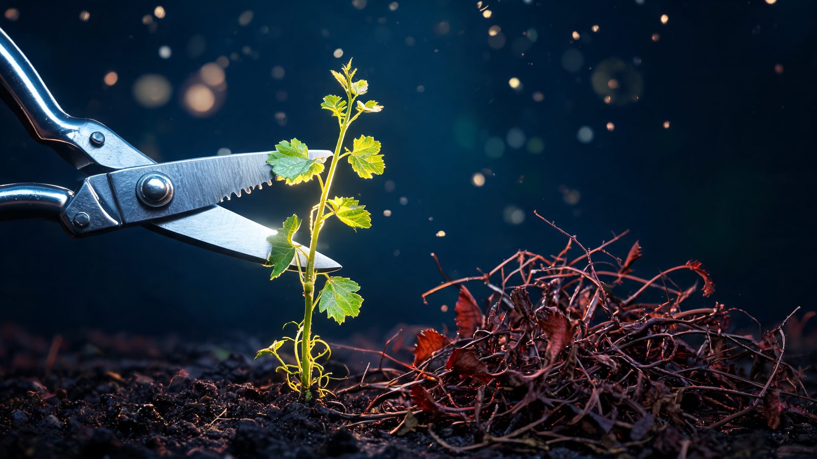 Gleaming shears snipping short a young golden vine climbing upward while a withered dark red creeper beside it is left to sprawl unchecked across the ground
