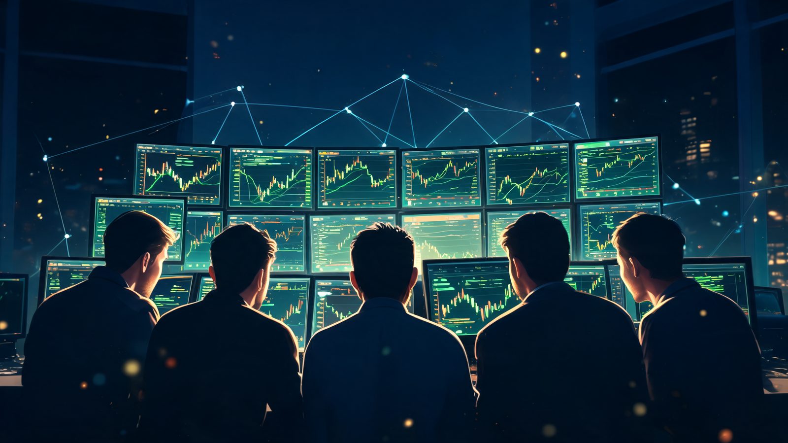 Traders gathered around a bank of glowing chart monitors in a trading room at night