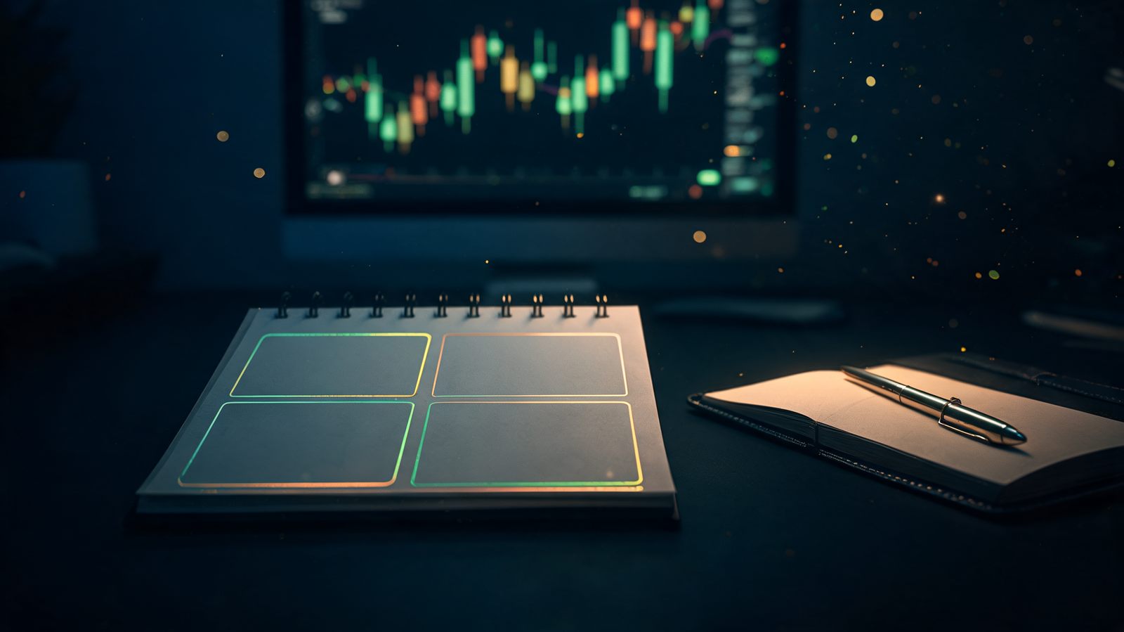 A softly glowing wall calendar with four weeks marked out beside a notebook and pen on a dark trading desk