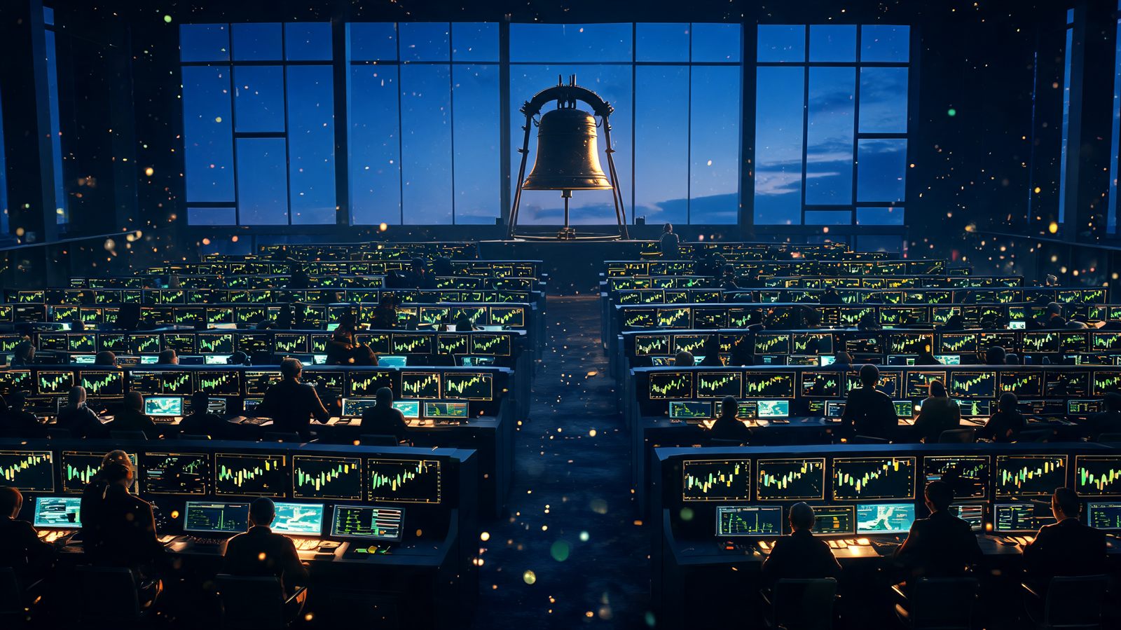 An exchange trading floor seen from above at dusk, rows of desks and glowing chart screens beneath tall windows