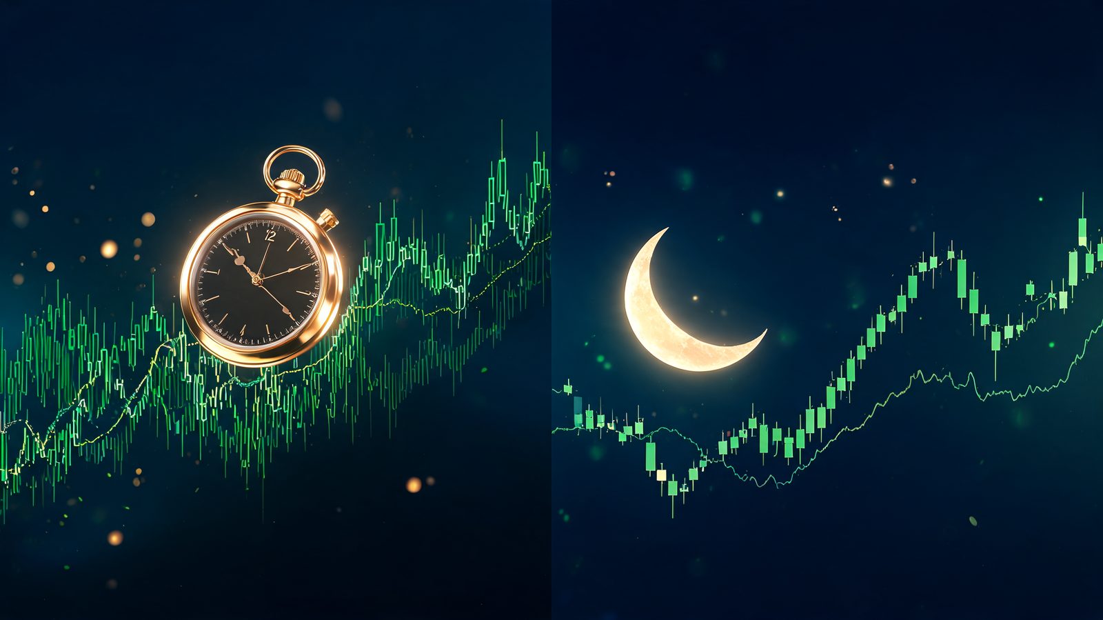 A stopwatch over an intraday chart contrasted with a crescent moon over a slower multi-day chart