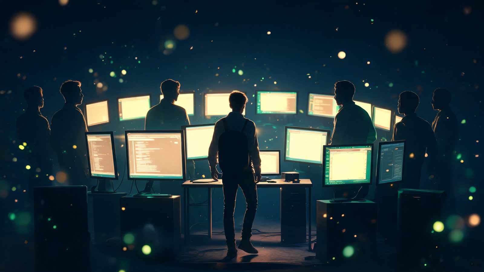A lone trader at a desk joining a wider circle of glowing screens and experienced figures
