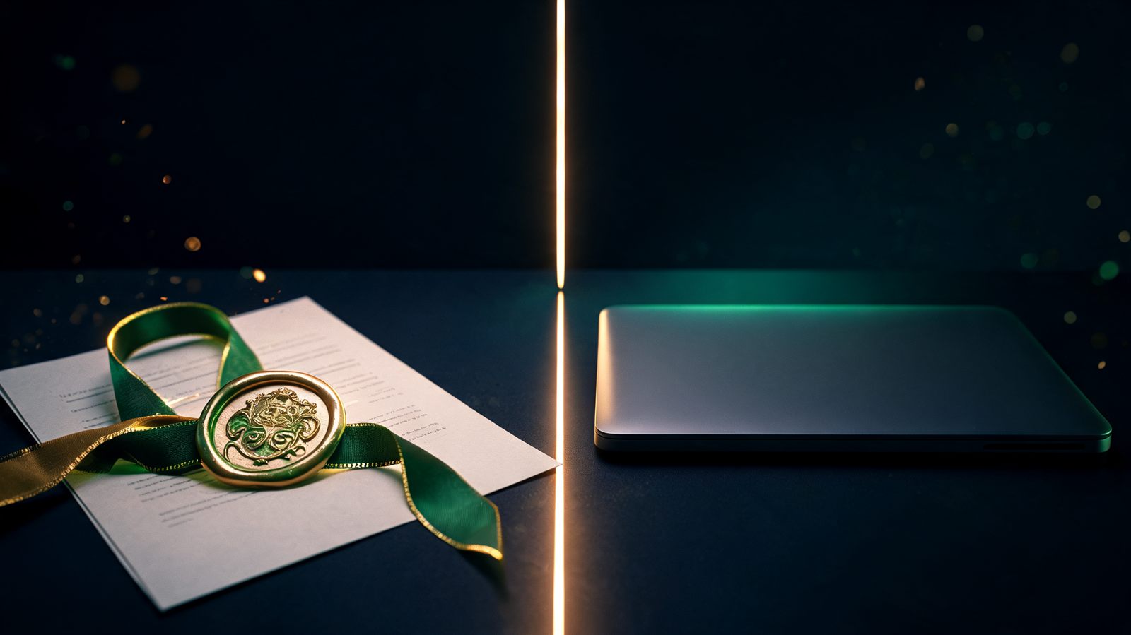 An embossed wax seal with a silk ribbon on a formal document beside a plain closed laptop, separated by a thin blade of light