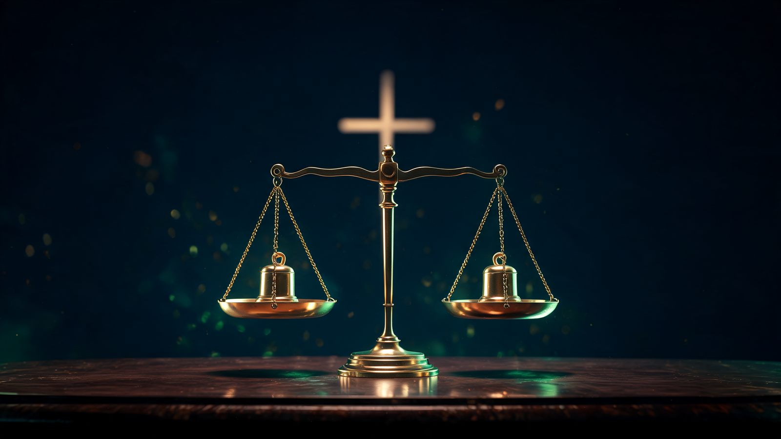 A precision brass balance scale resting perfectly level with two identical weights on a dark trading desk