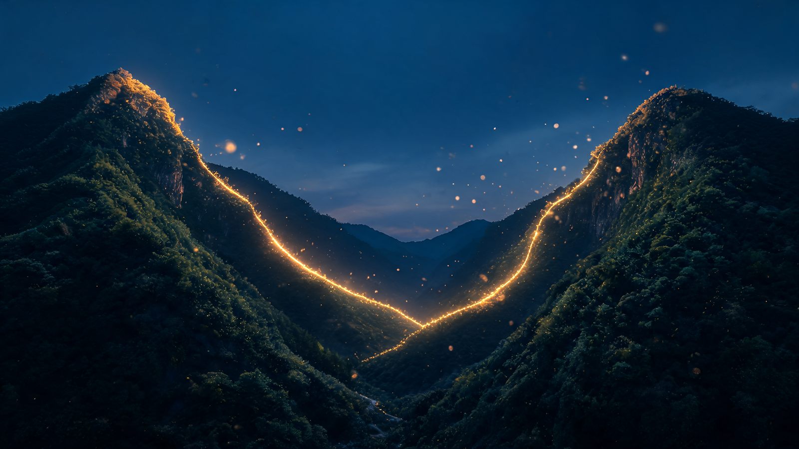 A deep valley between two ridges at dusk with a faint glowing line tracing the descent and the climb back