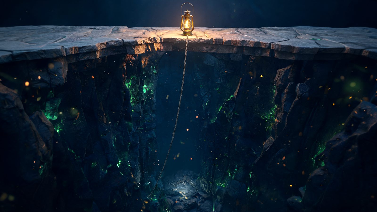 A deep dark canyon cut into a polished floor with a long climbing rope stretching from its floor back up to a lantern at the rim