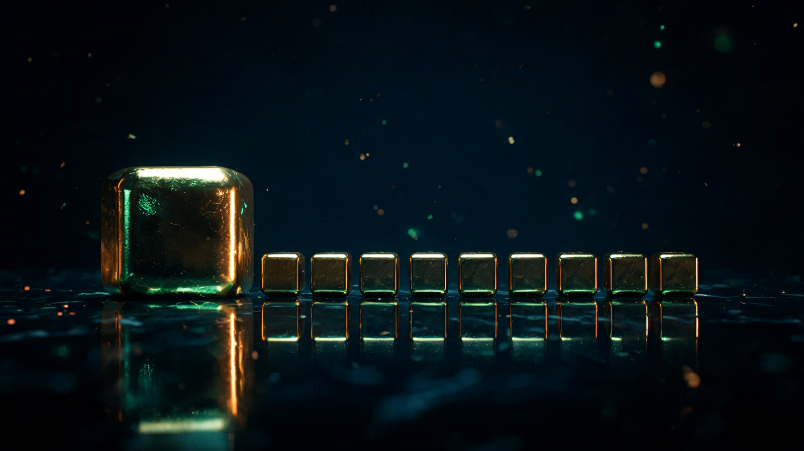 One large polished gold cube beside a row of ten identical miniature gold cubes on a dark reflective surface