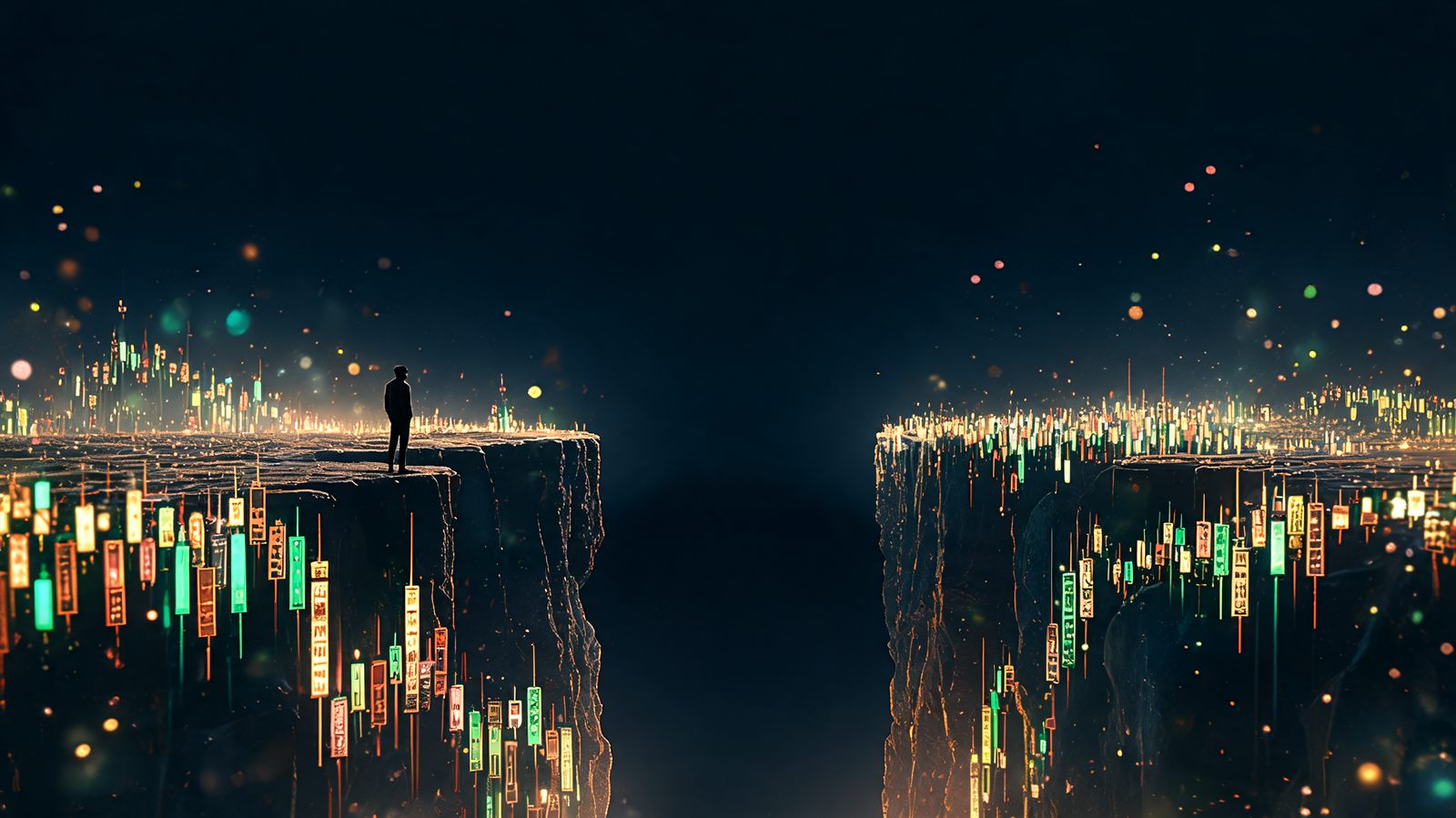 A wide chasm torn through a glowing candlestick chart landscape with a small figure at the near cliff edge