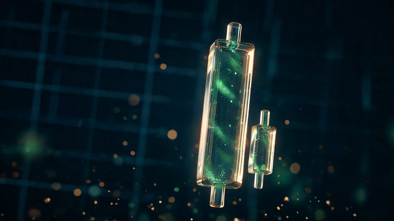 A single towering translucent glass candlestick bar overshadowing and swallowing a much smaller candlestick beside it on a dark chart surface