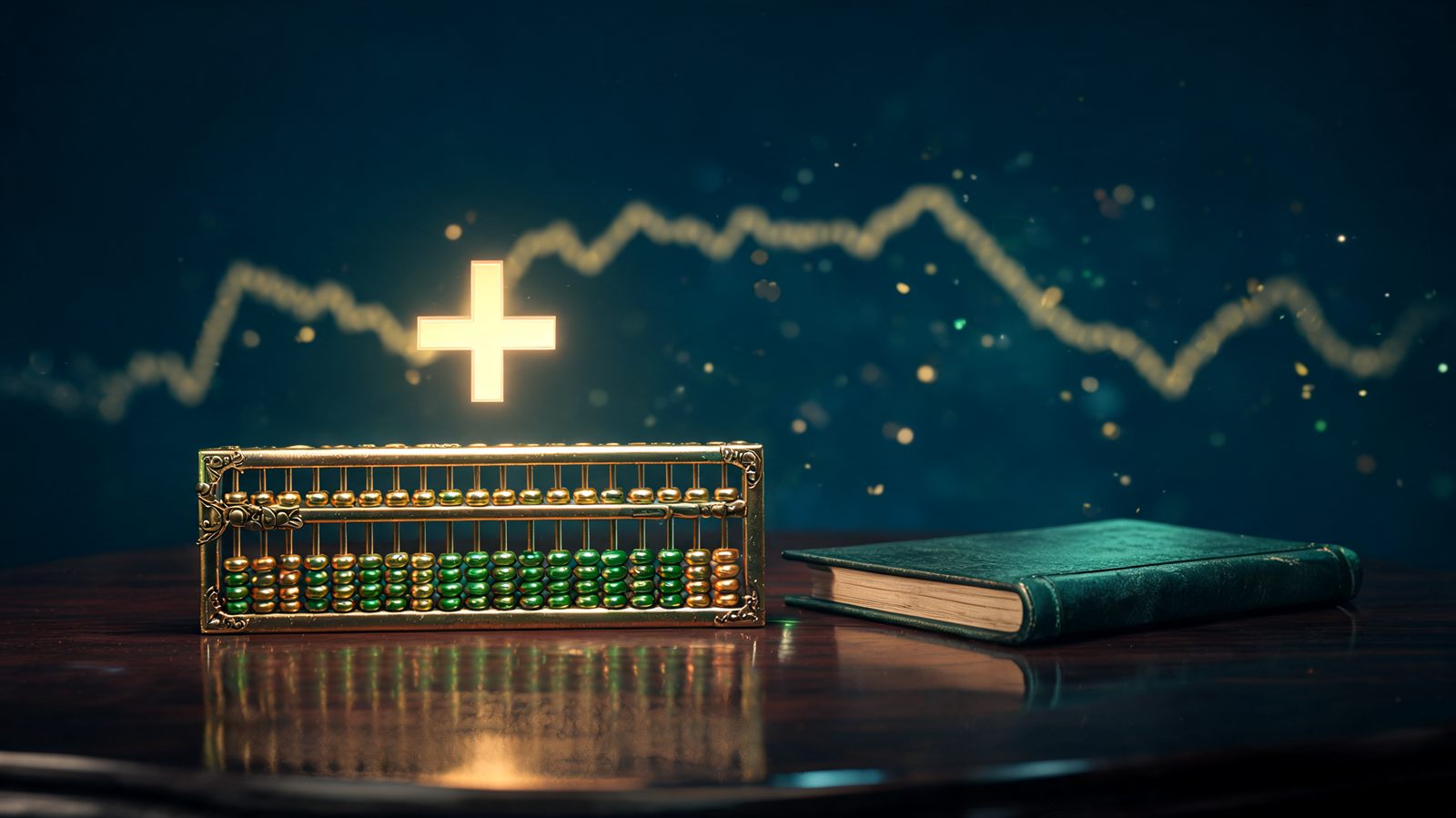 An antique brass abacus and a slim ledger on a dark trading desk lit by warm gold light, a faint equity curve glowing behind it