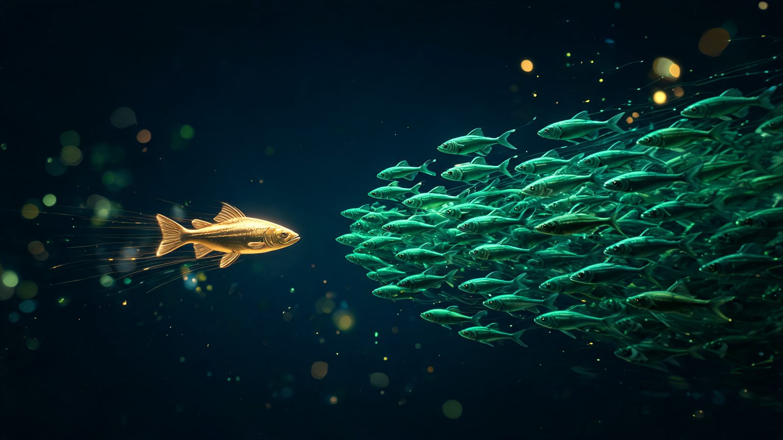 A single gold fish turning to swim against a dense emerald current of fish streaming the opposite way
