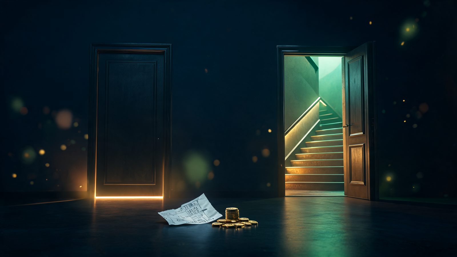One closed door beside a second door standing open onto a lit staircase, with a torn receipt and a small pile of gold coins on the floor between them