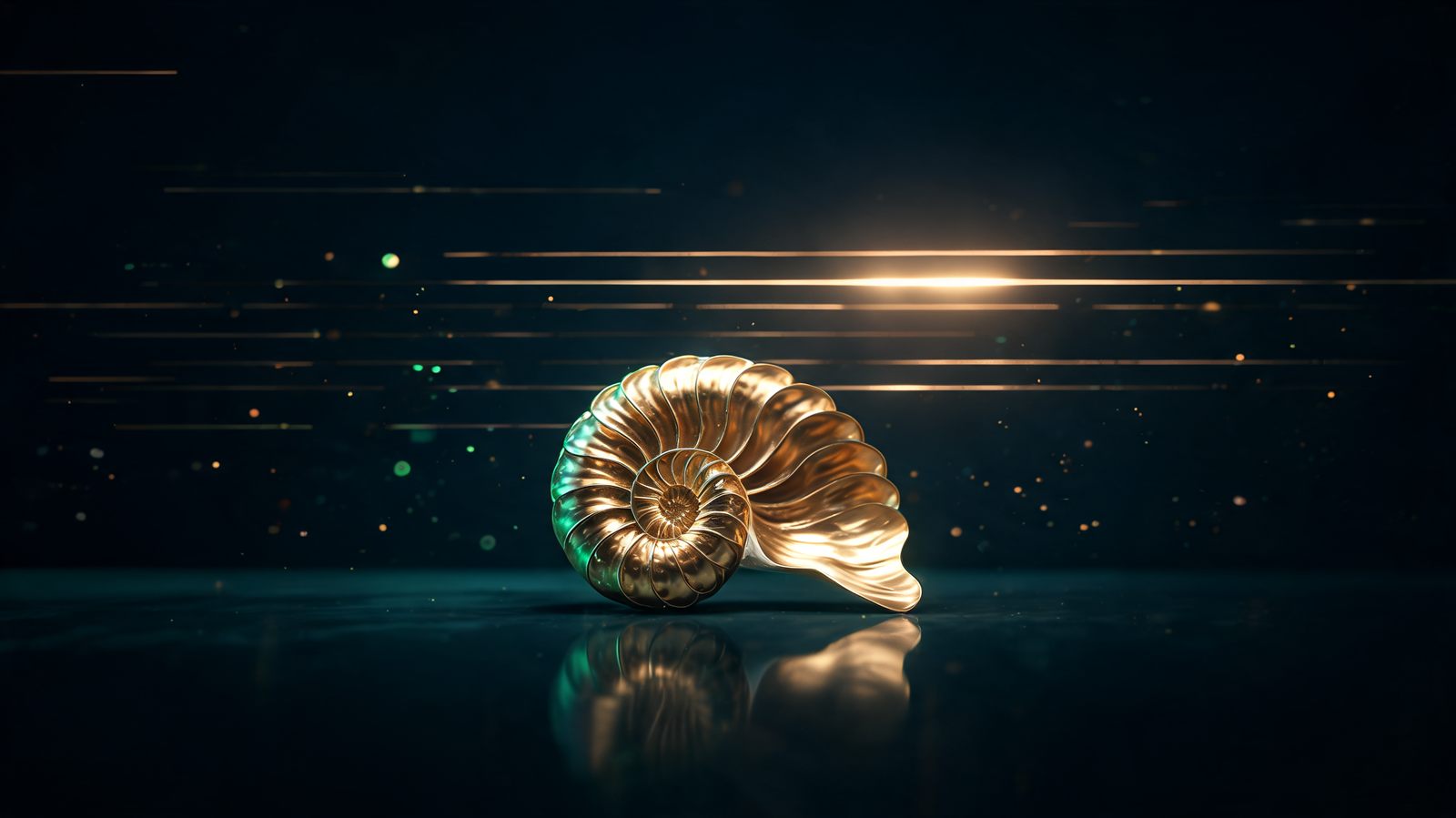 A golden nautilus spiral resting on dark glass beneath a ladder of thin horizontal light beams at uneven spacings, one glowing brighter than the rest