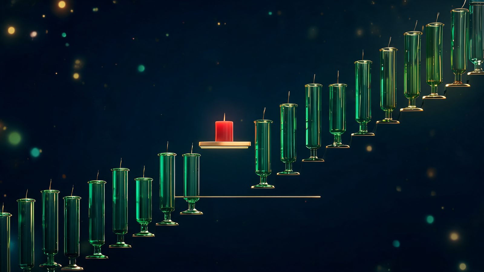 A steep staircase of tall green candlesticks climbing to the right, with one short red candle pausing on a narrow gold ledge at the midpoint