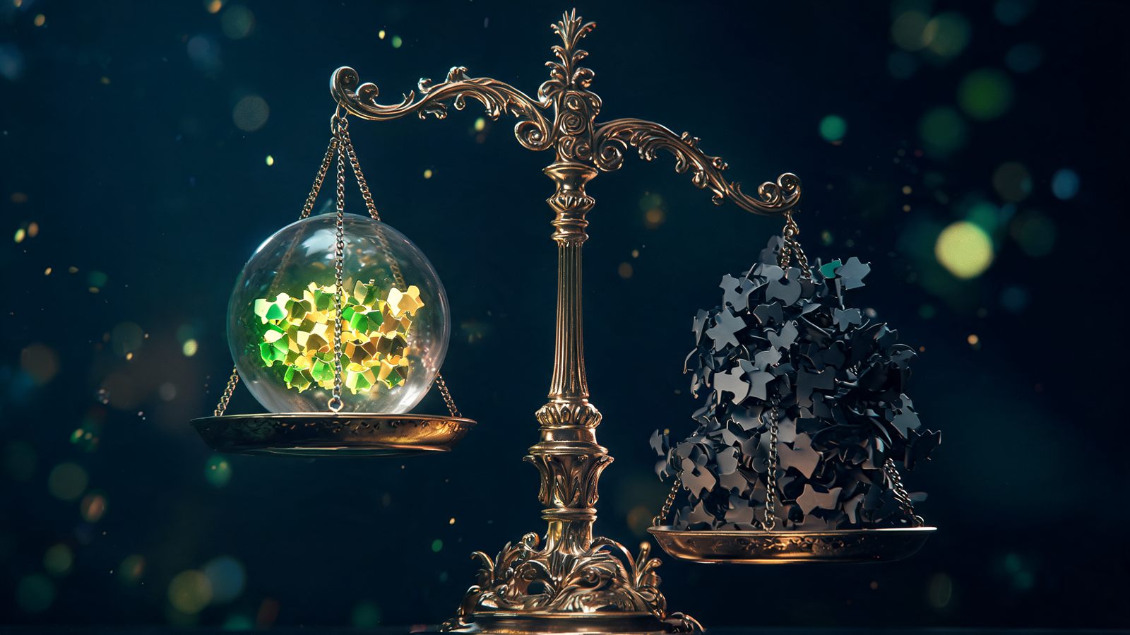A glass sphere of glowing shares weighed on a balance scale against a swarm of shadowy borrowed shares