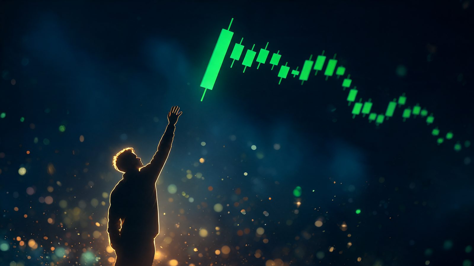 A lone trader silhouette reaching upward toward a towering green candlestick that has already surged out of reach, smaller candles racing away into the distance