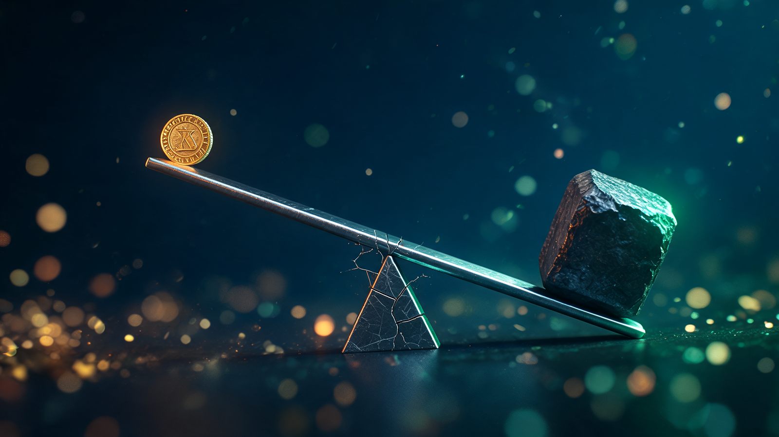 A steel lever tipping past balance with a single gold coin on one end and a huge iron block on the other