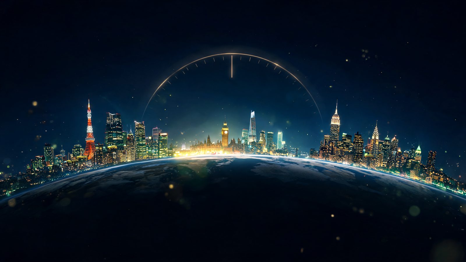 Three city skylines lit in sequence along the curve of a dark globe with a band of brighter light where two of them overlap