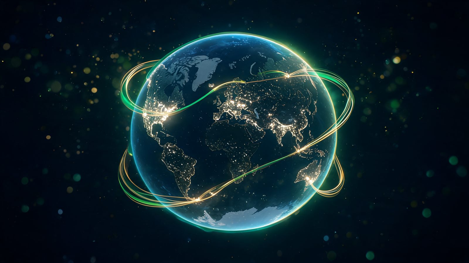 A glowing globe at night with arcs of gold and emerald light flowing continuously between financial capitals across the continents