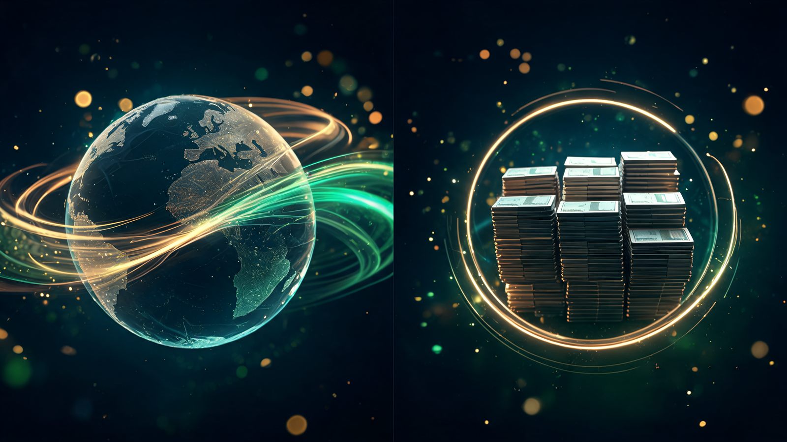 A globe wrapped in currency light trails beside a stack of standardised exchange contract blocks in a trading pit ring
