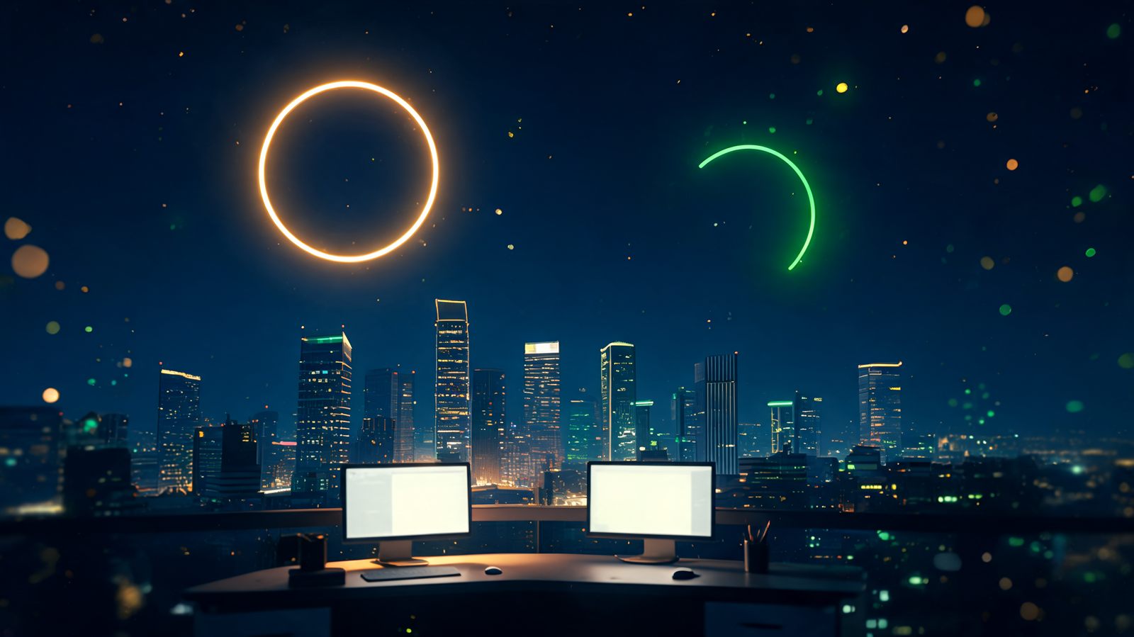 A continuous ring of light representing a 24-hour cycle beside a short session arc above a glass city skyline