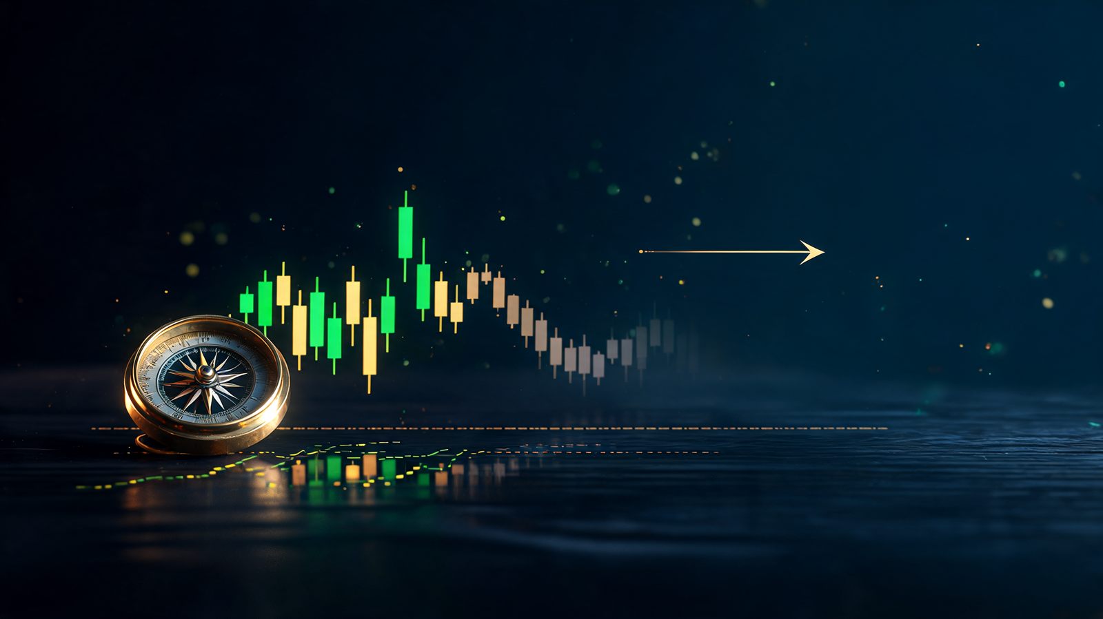 A brass compass on a dark desk beside a candlestick chart that fades from solid printed bars into empty unplotted space on the right