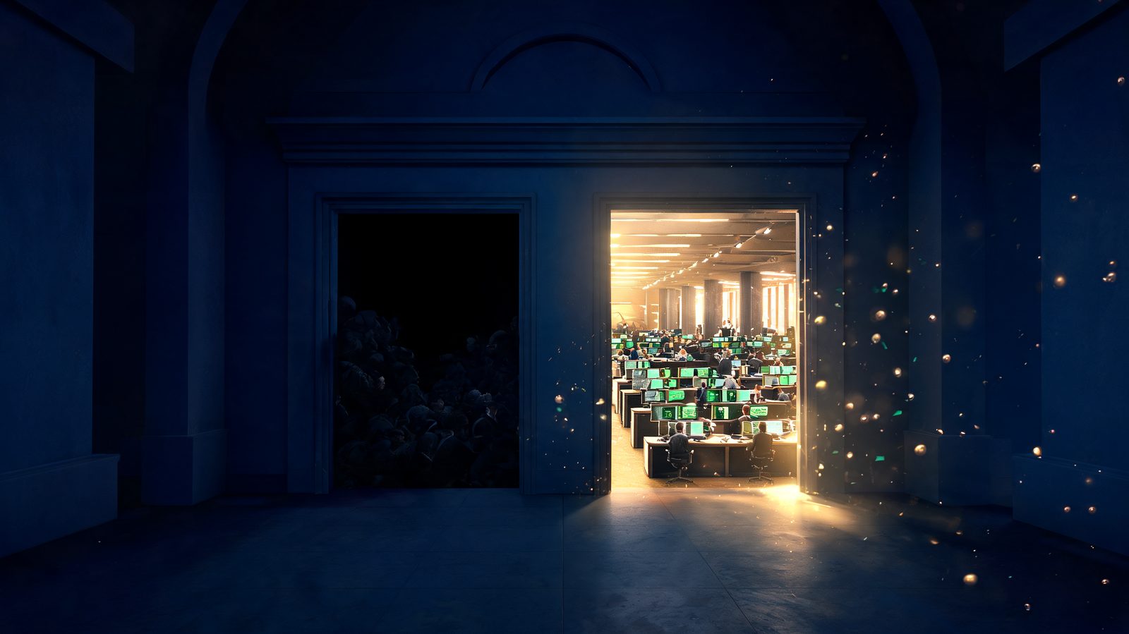 Two doorways in a dark corridor, one dim and crowded, one lit gold onto an orderly trading floor
