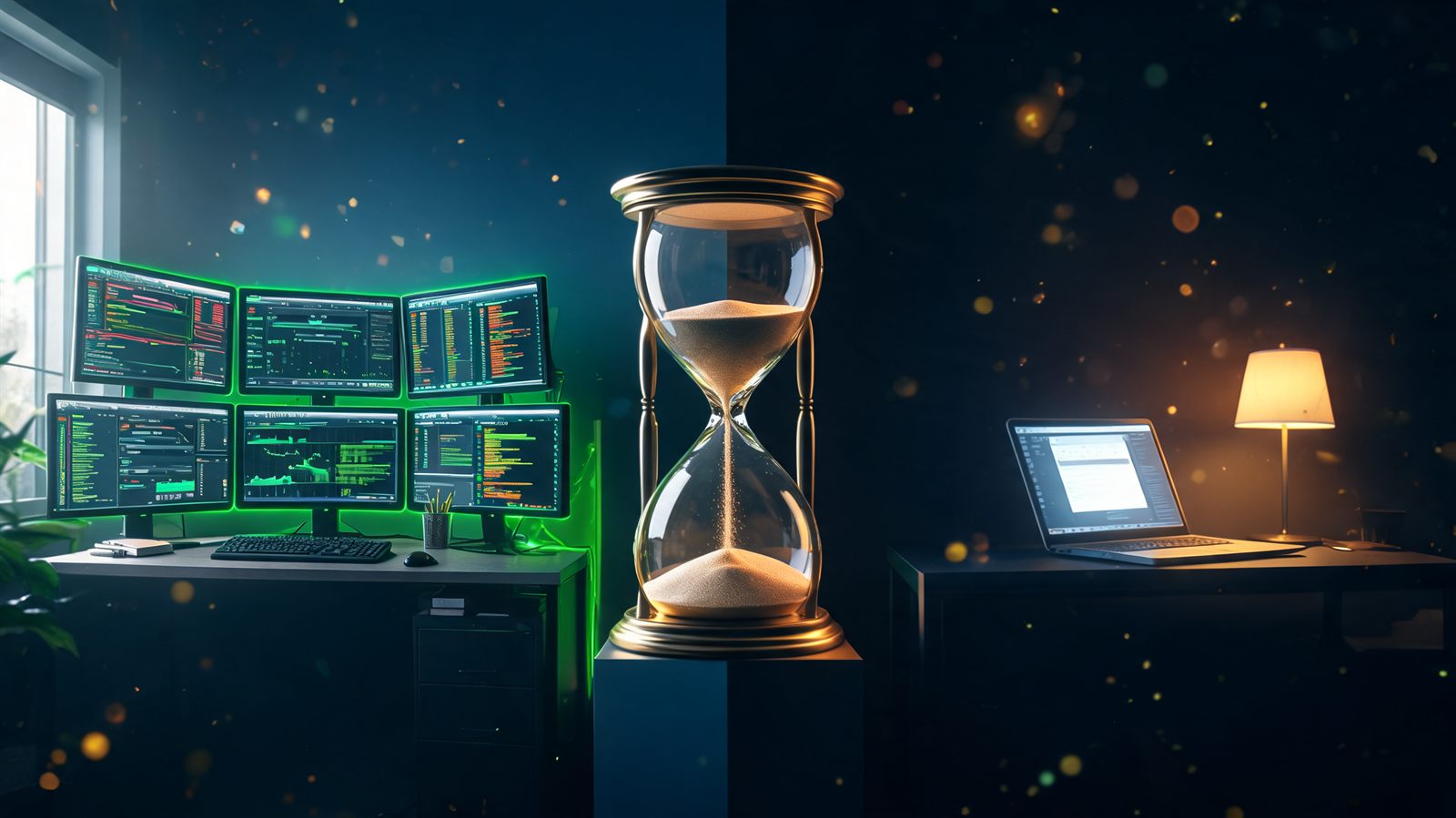 One trading desk shown twice — a full daylight workstation and a small lamp-lit evening corner — with an hourglass between them