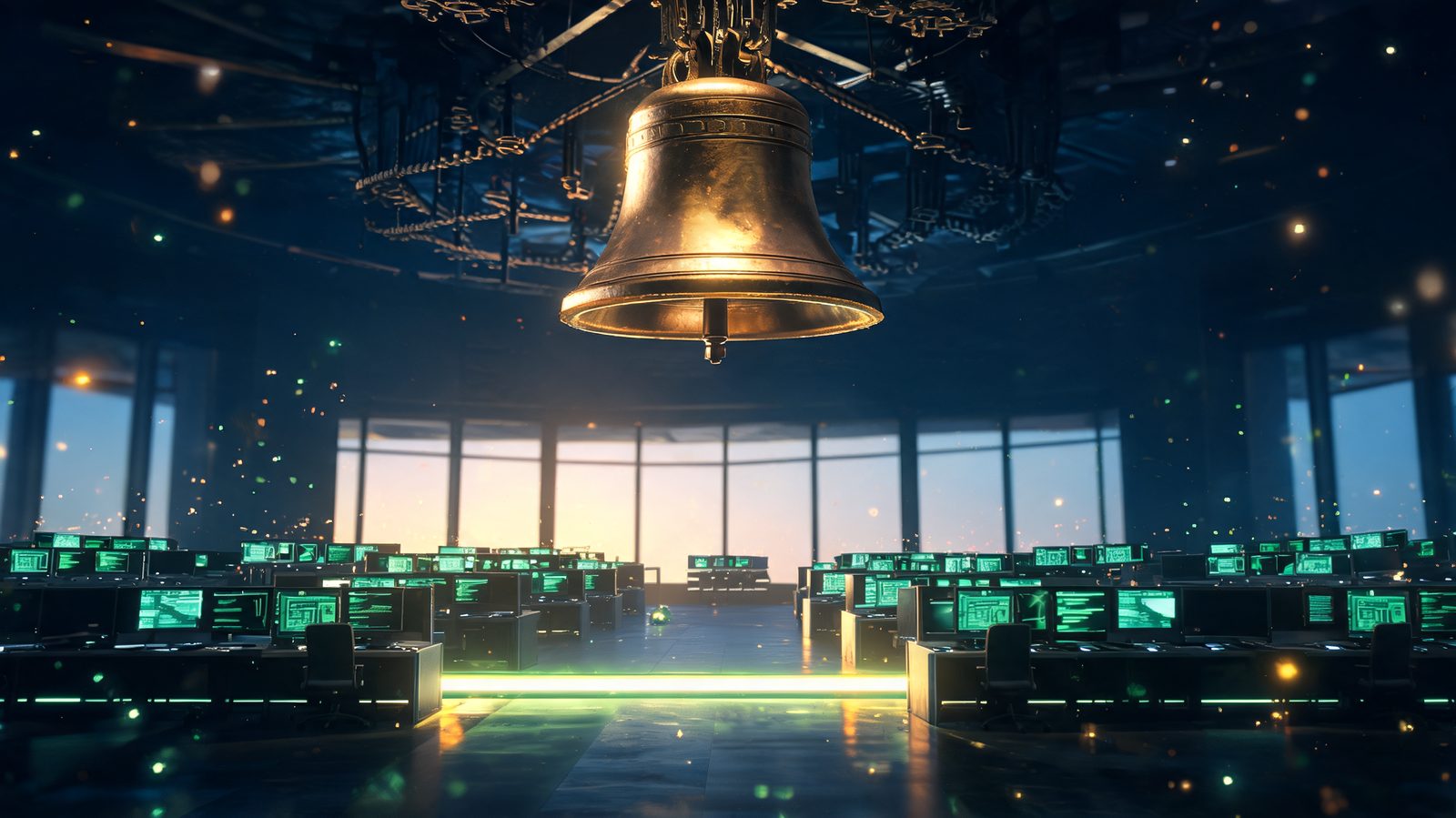 A large opening bell mechanism above a trading floor at dawn, first light crossing empty desks as a glowing threshold line marks the moment the cash market opens
