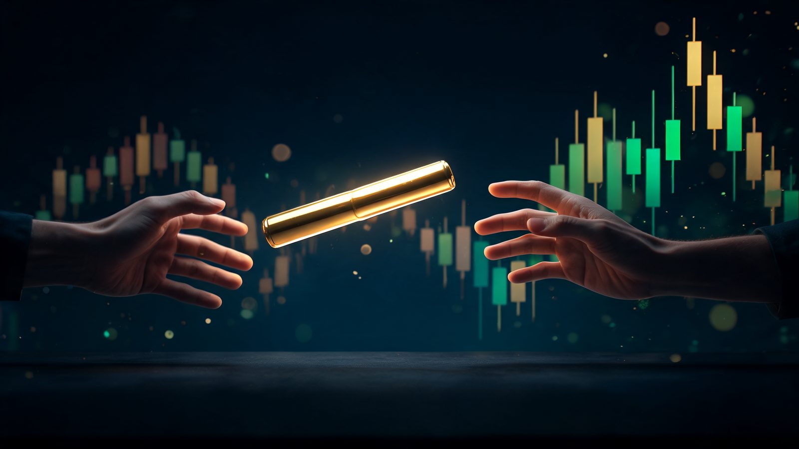 A glowing gold relay baton passing between two hands above a dark desk, one chart fading behind and a brighter chart rising ahead