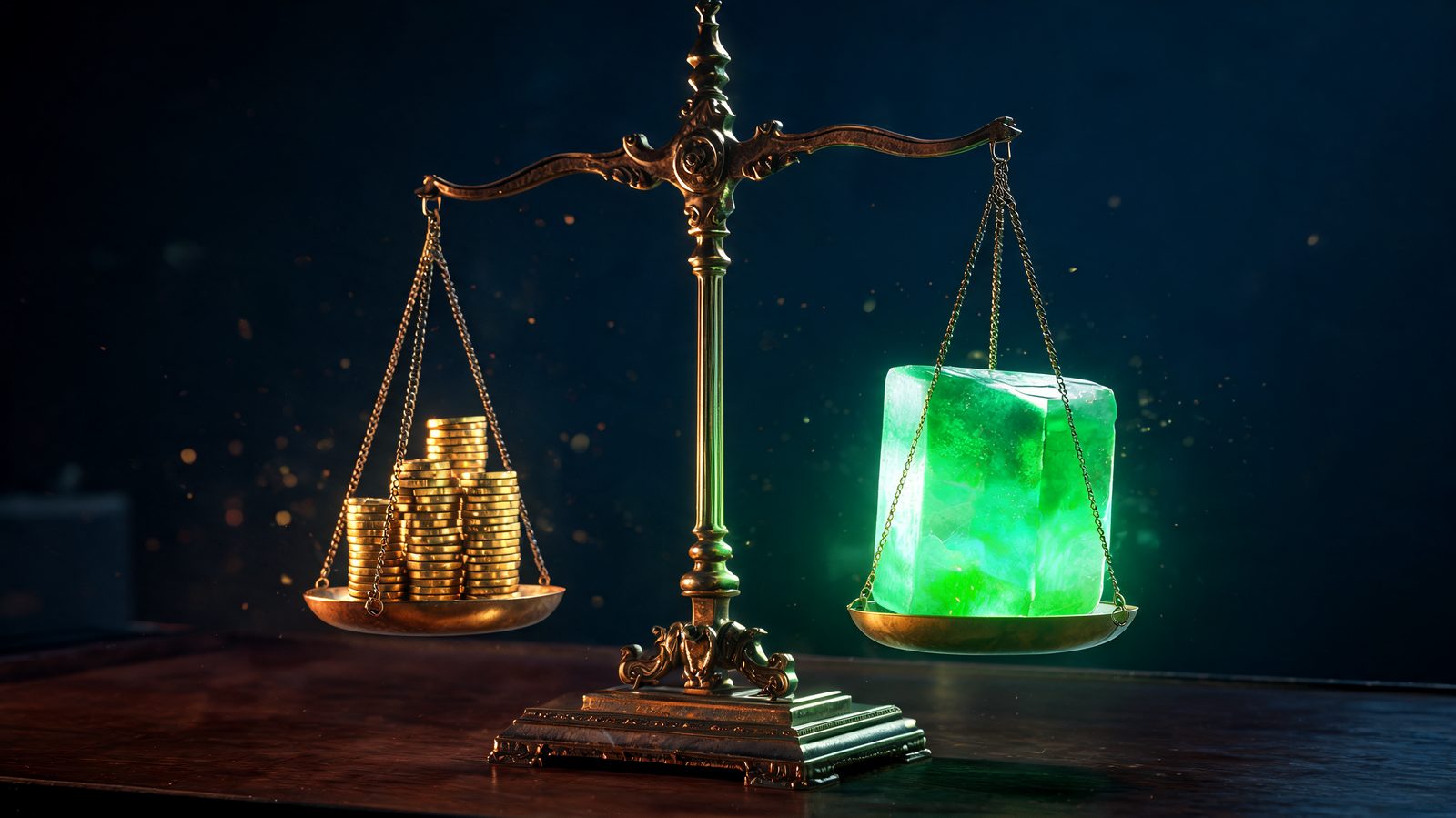Brass balance scales holding a small stack of gold coins against a much larger glowing glass block, showing how a small deposit controls a large position