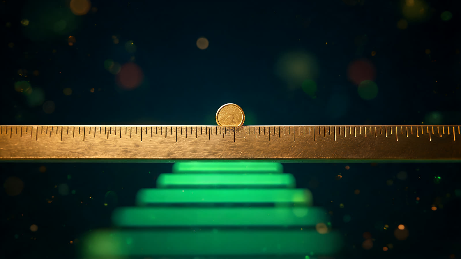A precision brass ruler with fine engraved increments laid across a glowing price ladder with a single gold coin on one mark