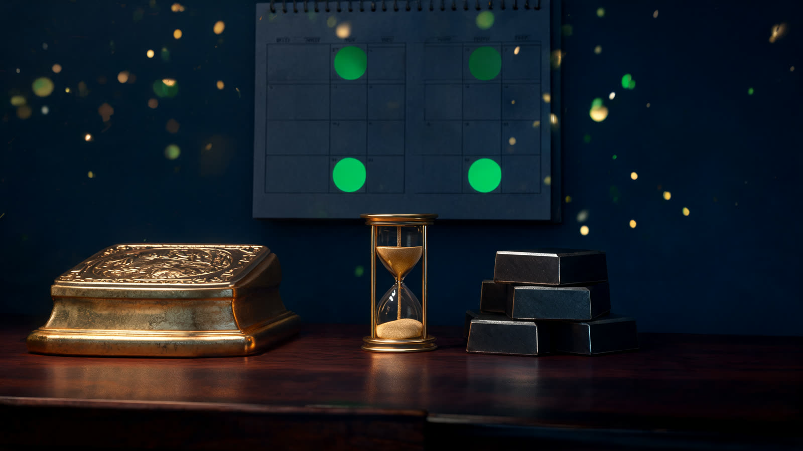 An engraved brass contract seal on a dark trading desk beside a quarterly calendar, an hourglass and stacked metal weights